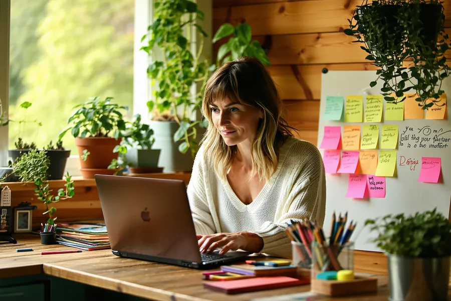 Founder Kate Doerksen working at a laptop in a bright Bellevue home office, surrounded by children's drawings and sticky notes