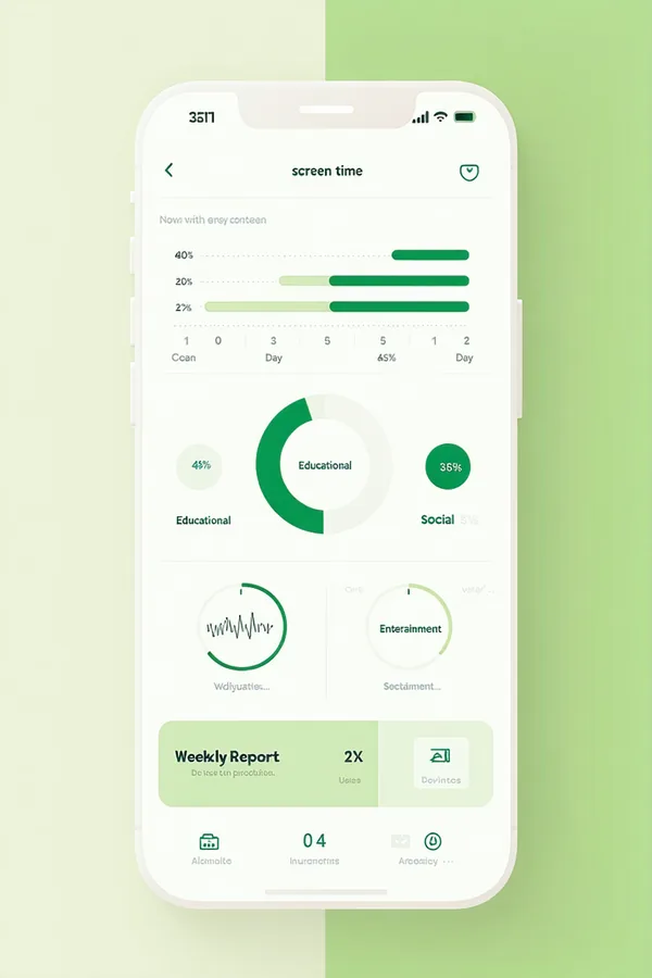 Sage Haven app dashboard showing screen time usage bars, content categories, and a weekly activity summary on a smartphone screen