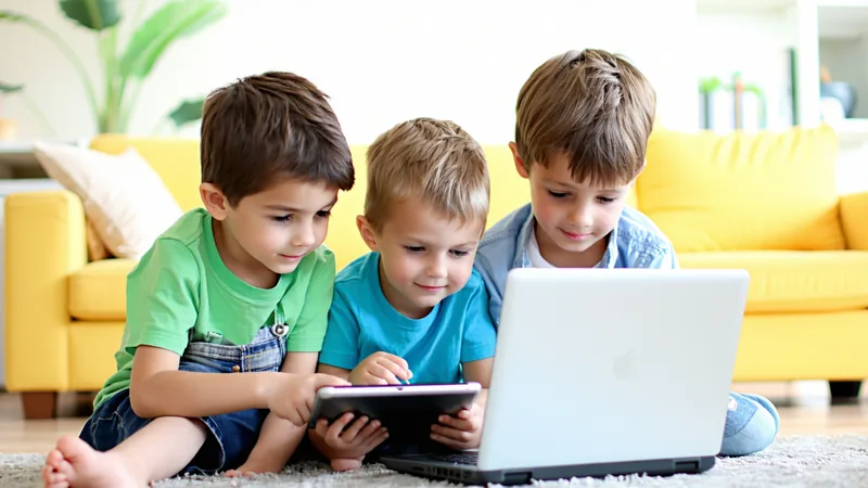 Three children of different ages looking at different devices side by side
