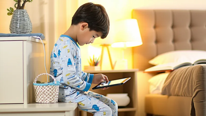 Child in pajamas placing tablet in a charging station while parent reads a book nearby, bedroom setting