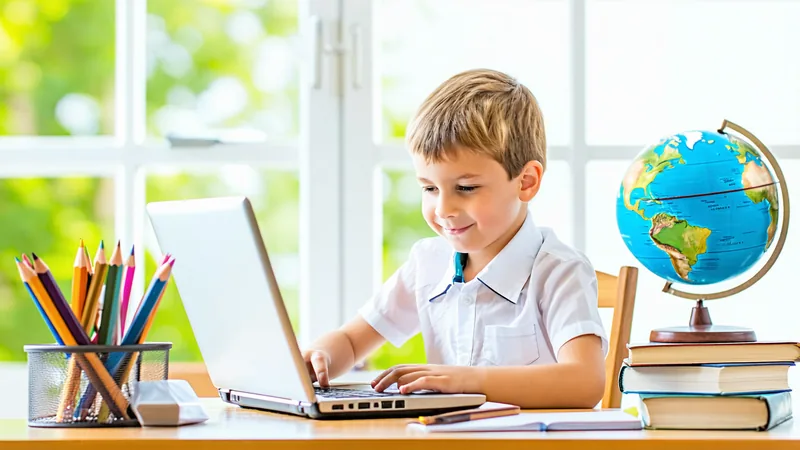 Child confidently using a laptop with books and a globe nearby, symbolizing digital and traditional learning
