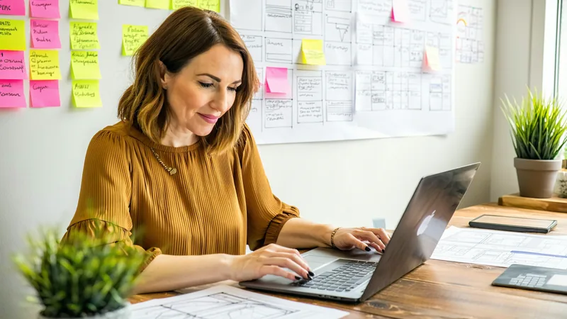 Founder at a laptop with design sketches and privacy documentation spread on a desk