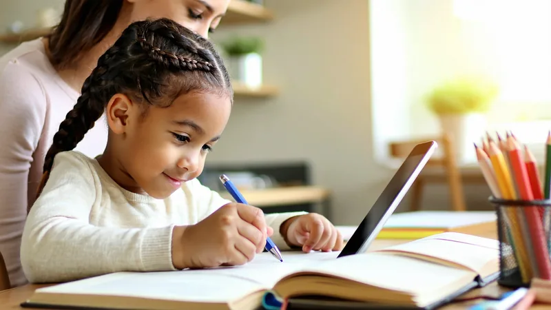 Child using a tablet at a desk with a parent visible in the background