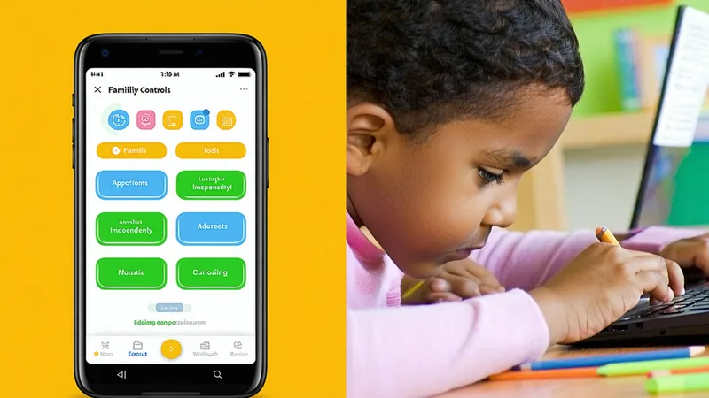 Split image: smartphone with app controls on left, child learning on laptop on right