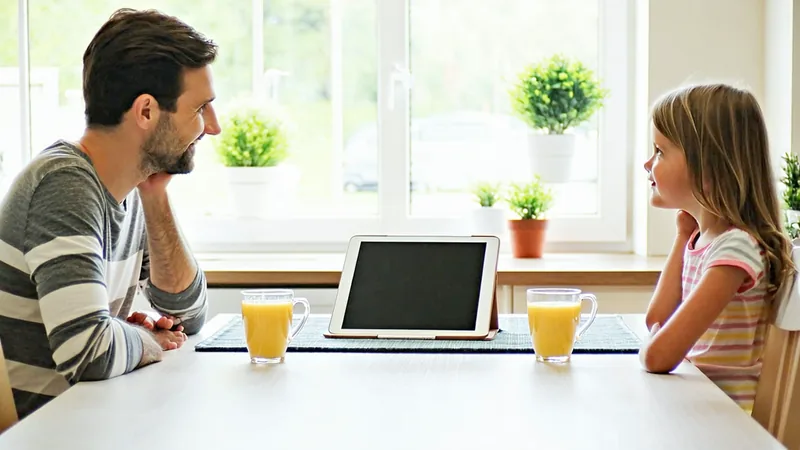 Parent and child having a calm conversation at a kitchen table, tablet between them
