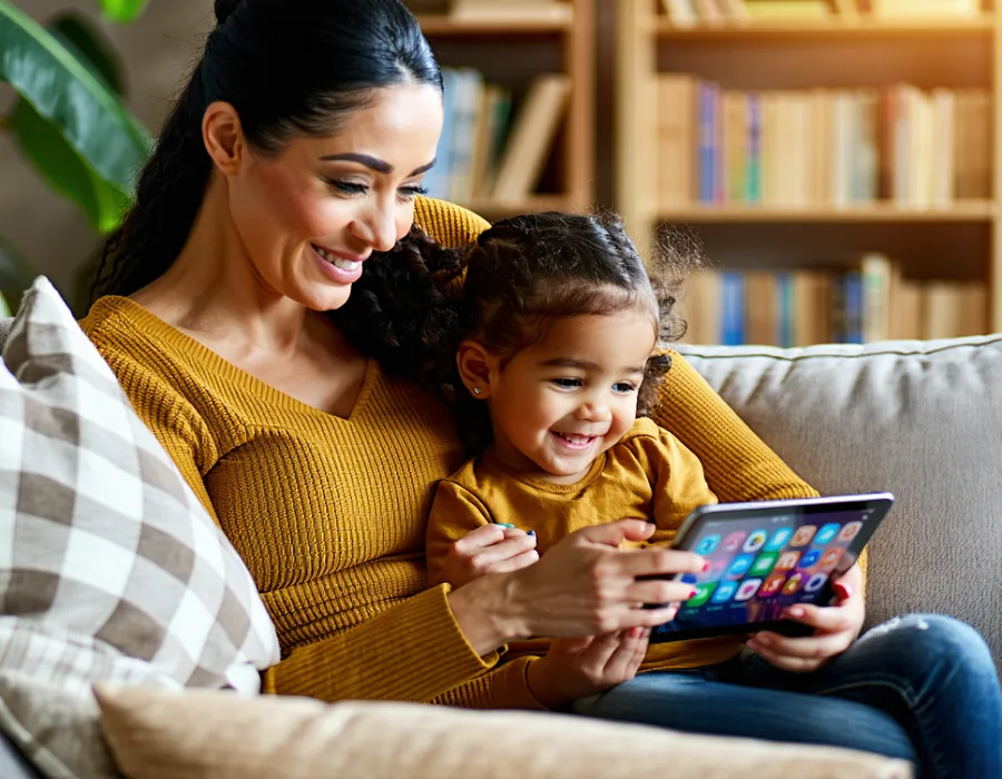 Parent and child sitting on a couch, parent reviewing the Sage Haven activity dashboard on a smartphone while child reads on a tablet nearby