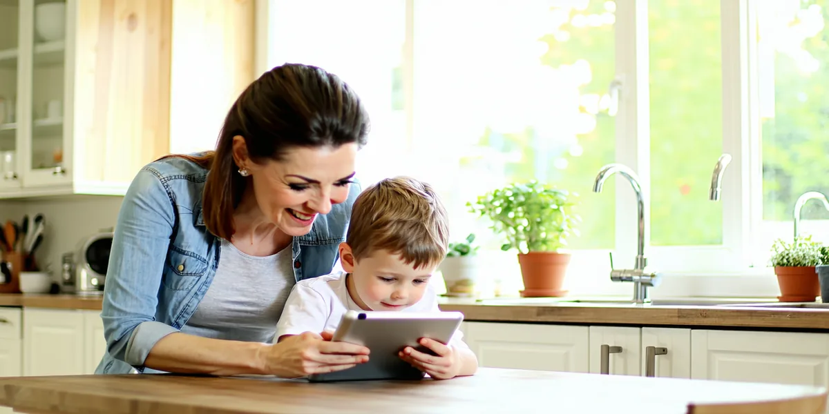 Mother and son sitting at a kitchen table, looking at a tablet together and smiling