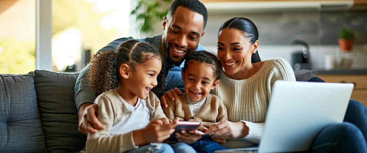 Happy family of four on a couch with various devices, relaxed and connected