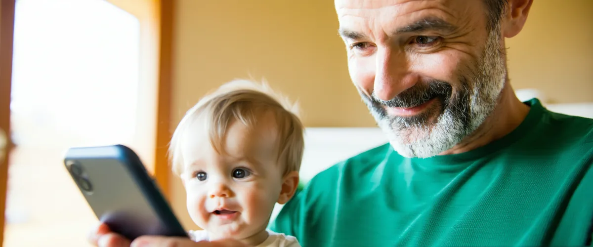 Parent reviewing privacy settings on a phone, child visible in soft focus in background
